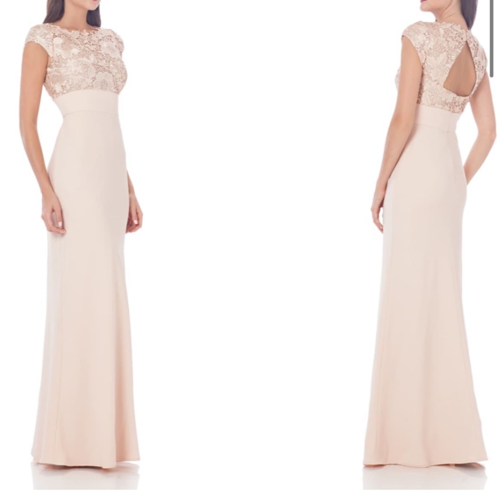 JS collection lace sequins bodice with stretch crape floor length gown - Picture 1 of 11